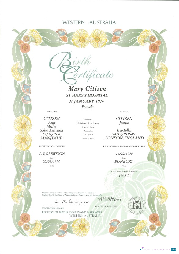 Australia Western Australia decorative (commemorative) birth certificate template in PSD format